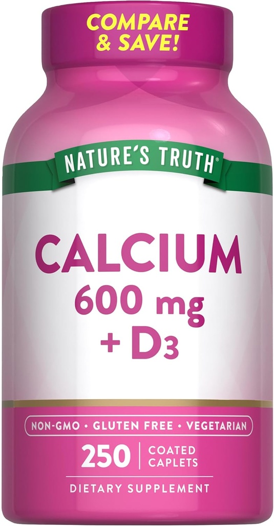 Nature's Truthuba 600 mg with Vitamin D3 | 250 Caplets | Food Carbonate | Vegetarian, Non-GMO & Gluten Free Supplement Supplement