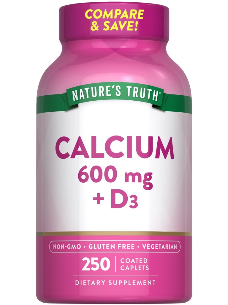 Nature's Truthuba 600 mg with Vitamin D3 | 250 Caplets | Food Carbonate | Vegetarian, Non-GMO & Gluten Free Supplement Supplement
