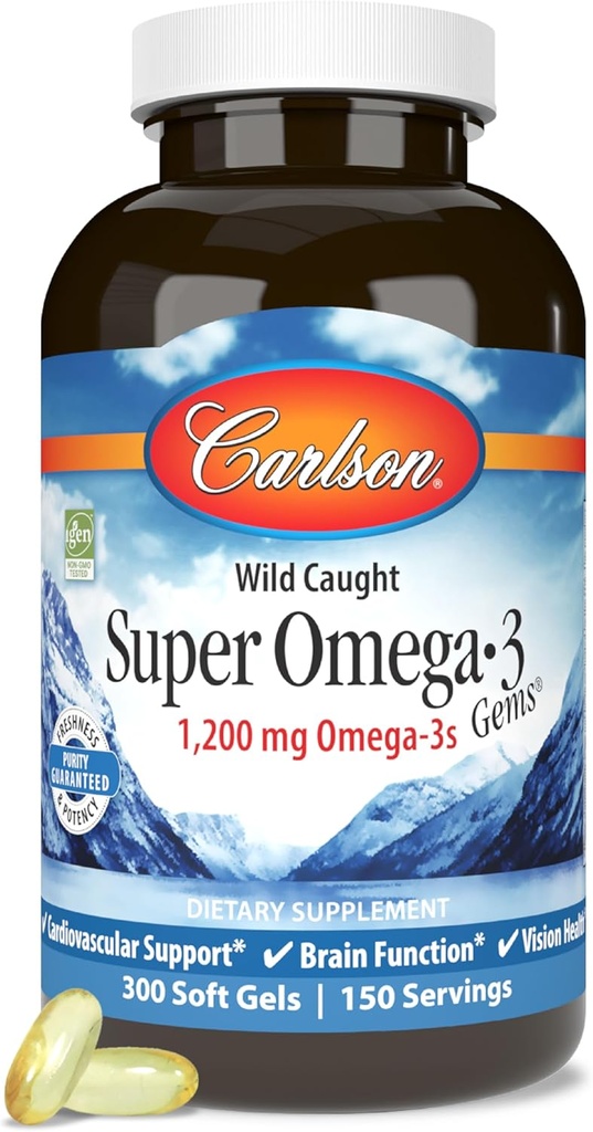 Carlson - Super Omega-3 Gems, EPA ve DHA ile 1200 mg Omega-3 Fatty Asits, Wild-Caught Norveç Fish Oil Supplement, Sustainable Sourced Capsules 300 Softgels