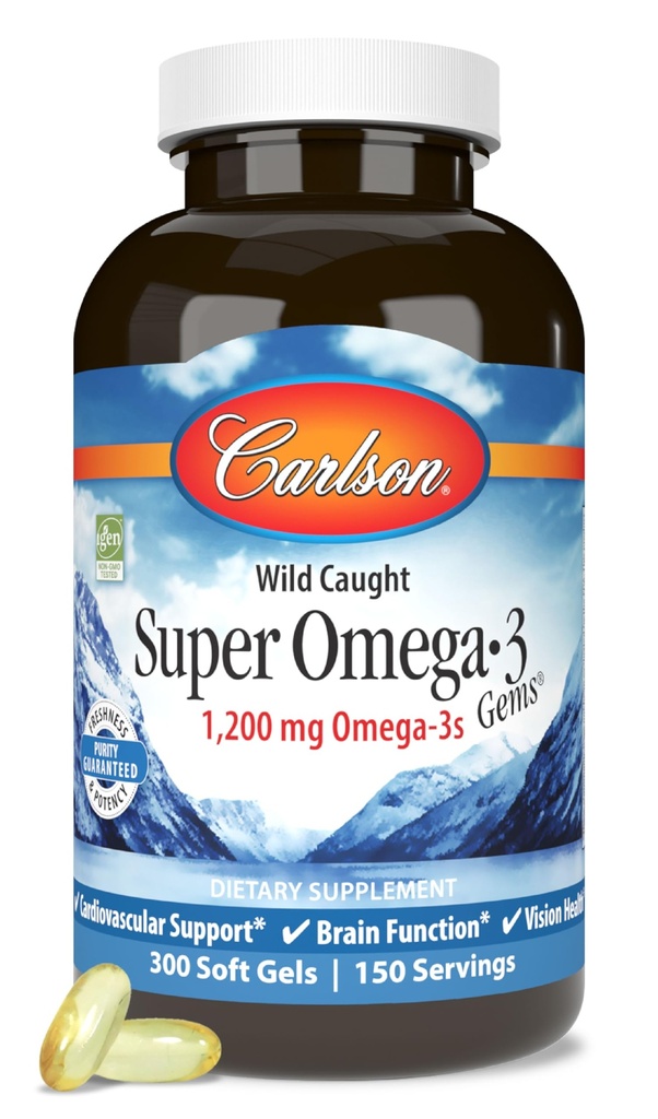 Carlson - Super Omega-3 Gems, EPA ve DHA ile 1200 mg Omega-3 Fatty Asits, Wild-Caught Norveç Fish Oil Supplement, Sustainable Sourced Capsules 300 Softgels