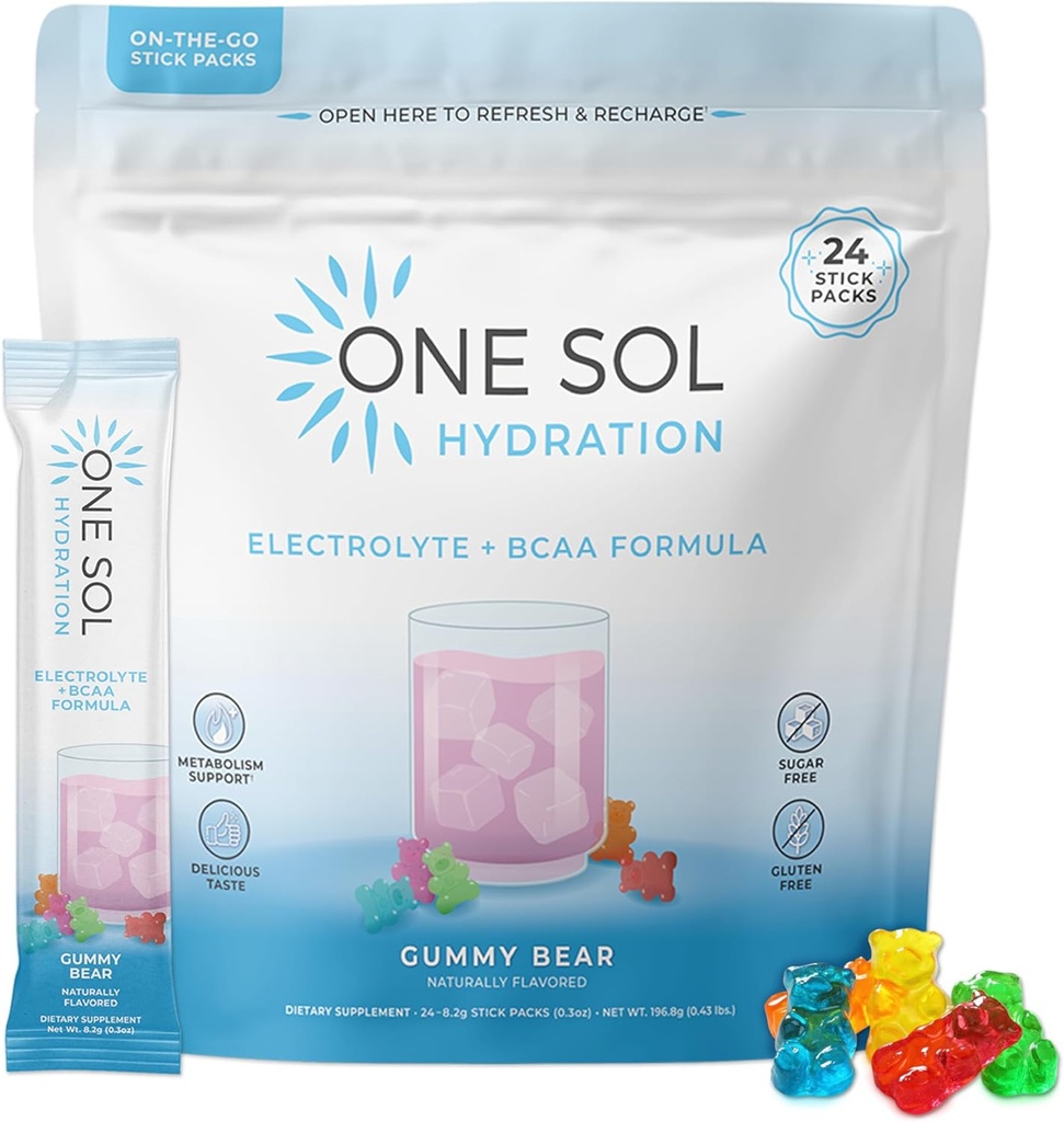 One Sol BCAA & Ηλεκτρολυτική Σκόνη για Ενυδάτωση & Ενέργεια, Όλα-Φυσική Φόρμουλα, 100% Vegan, Μη-ΓΤΟ, Χωρίς Γλουτένη & Χωρίς Σόγια, Προωθεί την ανάπτυξη των μυών & την αποκατάσταση, Gummy Αρκούδα Γεύση
