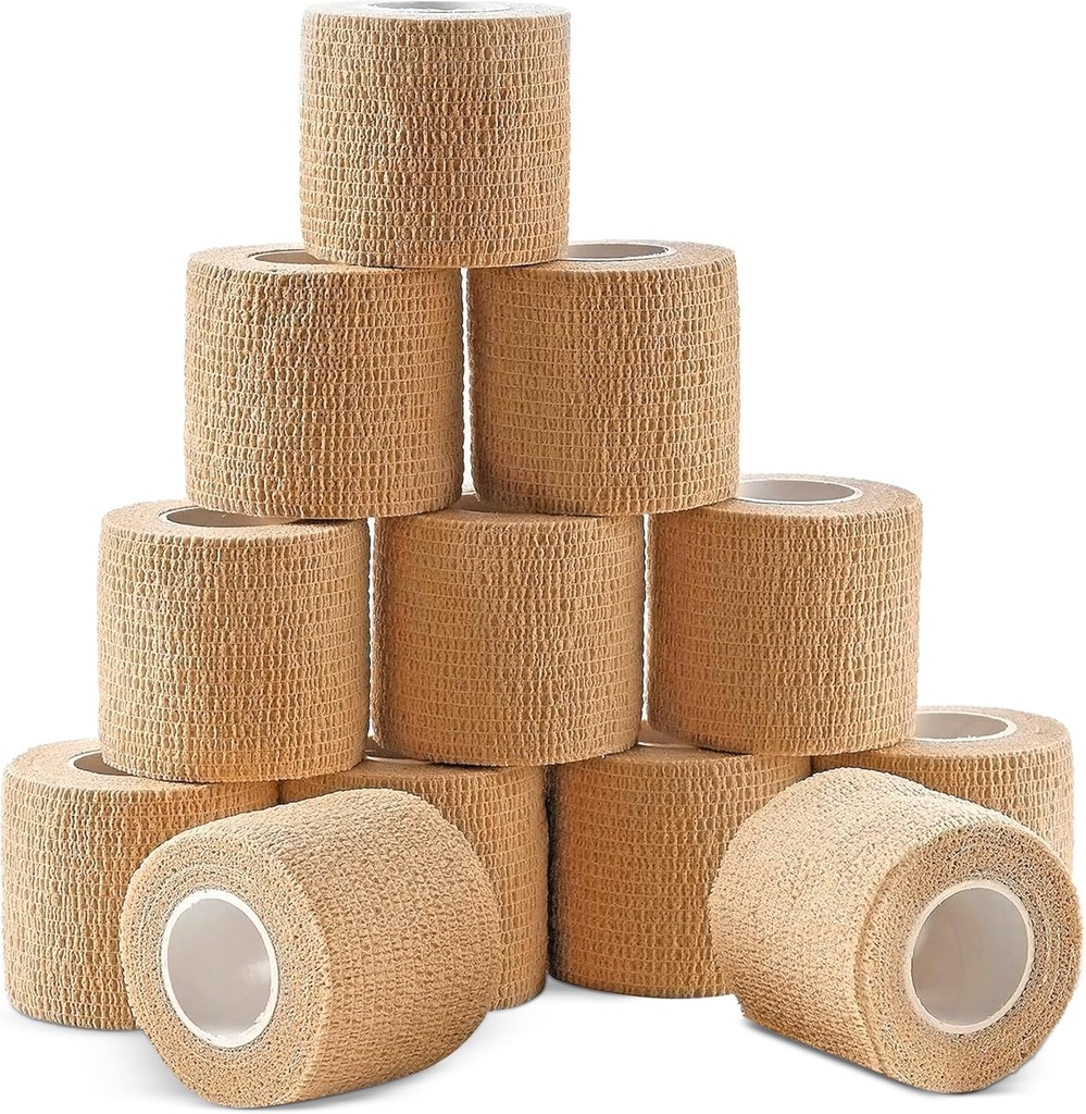 Ever Ready First Aid Self Adherent Cohesive Bravo Bandages, 2" x 5 Yards for First Aid, Sprates, Swelling, Sports, Pets, Tan Color - 12 Count Count