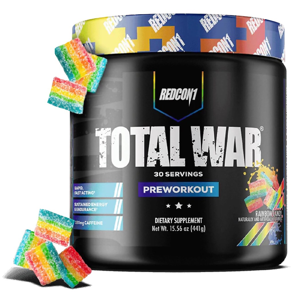 REDCON1 Total War Pre Workout, Rainbow Candy, L Citrulline, Malic Acid, Green Tea Leaf Extract for Pump Boosting Pre Workout for Women & Men - 3.2g Beta Alanine to Reduce E Ginion, 30 Servisler