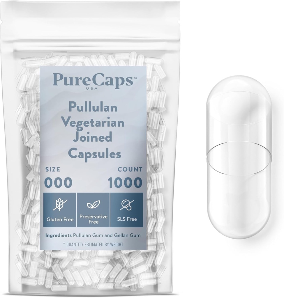 PureCaps USA - Boş Vejetaryen Vegan Pullulan Pill Capsules Boyut 000 | Katılılmış Pills| Clear| Non-GMO sertifikalı | SLS, Gluten, Preservative Free Free