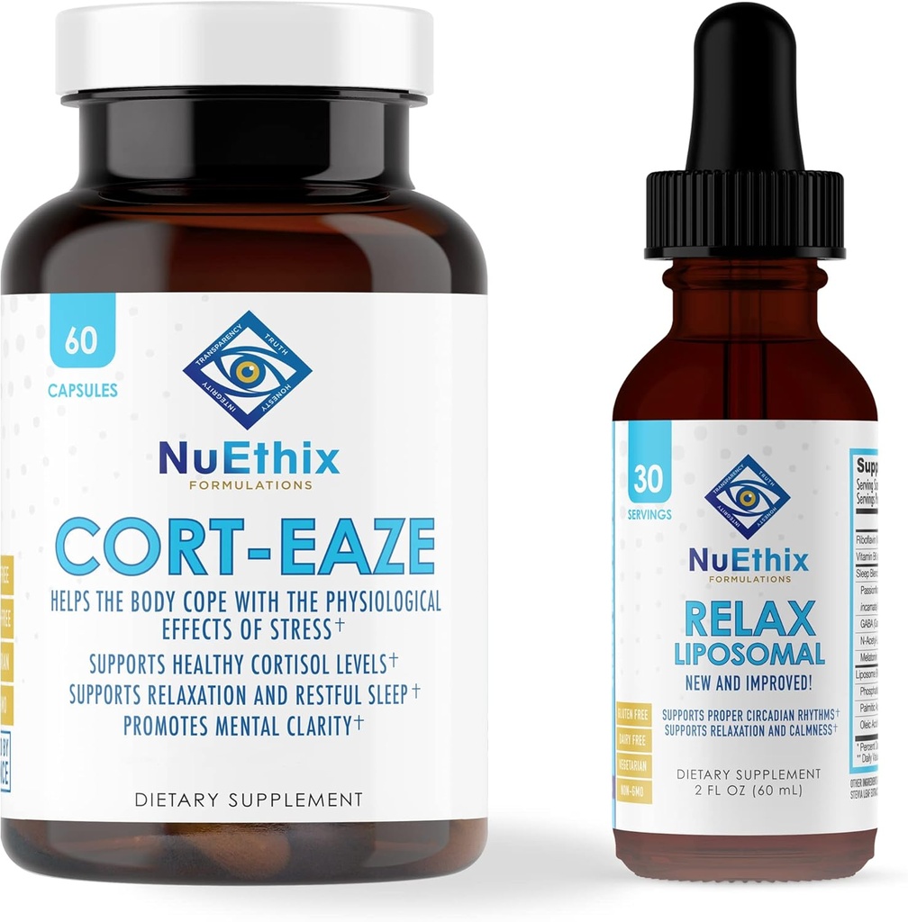 NuEthix Formulations Relaxation Supplement Sche: Cort-Eaze Cortisol-Control Supplement, 60 Capsules, 30 Servisler ve Rahat Liposomal, 2 Akışkanlar, 30 Hizmet