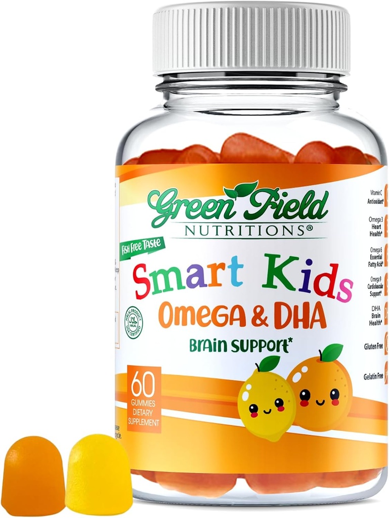 Greenfield Διατροφές Smart Kids Halal Omega 3 Gummies με DHA - 60 Βιταμίνες Haal για τα παιδιά, Υποστηρίζει τον εγκέφαλο και την ανοσοποιητική υγεία - Vegan, μη-GMO, Γλουτένη, Glatin-free και φυστικοβούτυρο-ελεύθερο halal Gummy Βιταμίνες