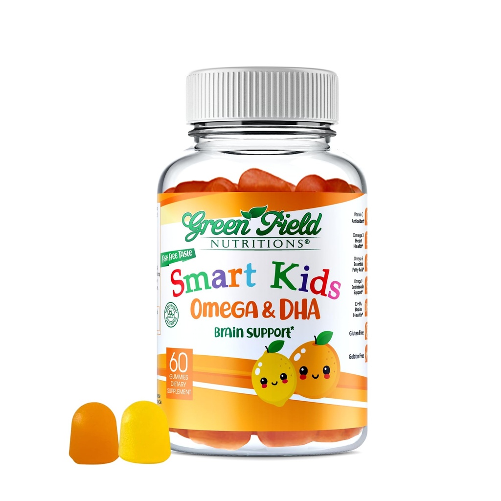 Greenfield Nutritions Smart Kids Halal Omega 3 Gummies with DHA - 60 Halal Vitamins for Kids, Supports Brain & Immune Health - Vegan, Non-GMO, Gluten, Gelatin-Free and Peanut-Free Halal Gummy Vitamins