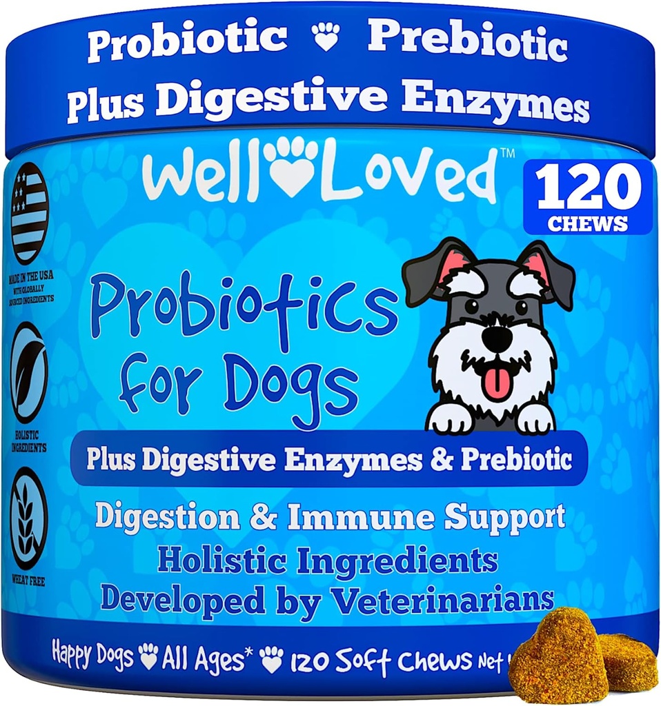 Köpekler için probiyotikler, Köpek Probiyotikleri, ABD'de Made in ABD, Vet Gut Health, Yeast Balance, Itchy Skin, Diarrhea & Gas Relief, Chews with Prebiyotik & Digestive Enzymes, Digestive Support