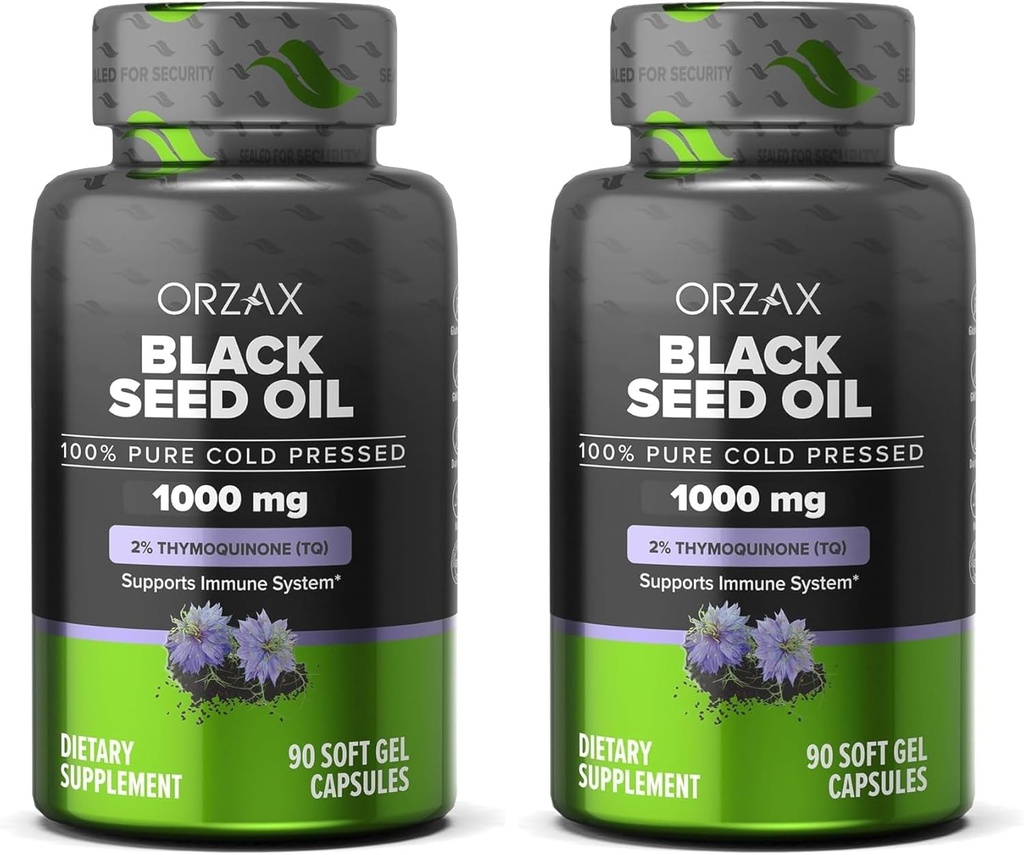 ORZAX Black Seed Oil 1000 mg Organic Cold Pressed Capsules for Hair, Skin, and Commons - Omega 3 6 9 - Non-GMO, Gluten Free - (90 Soft Gel Capsules) (Pack of 2)