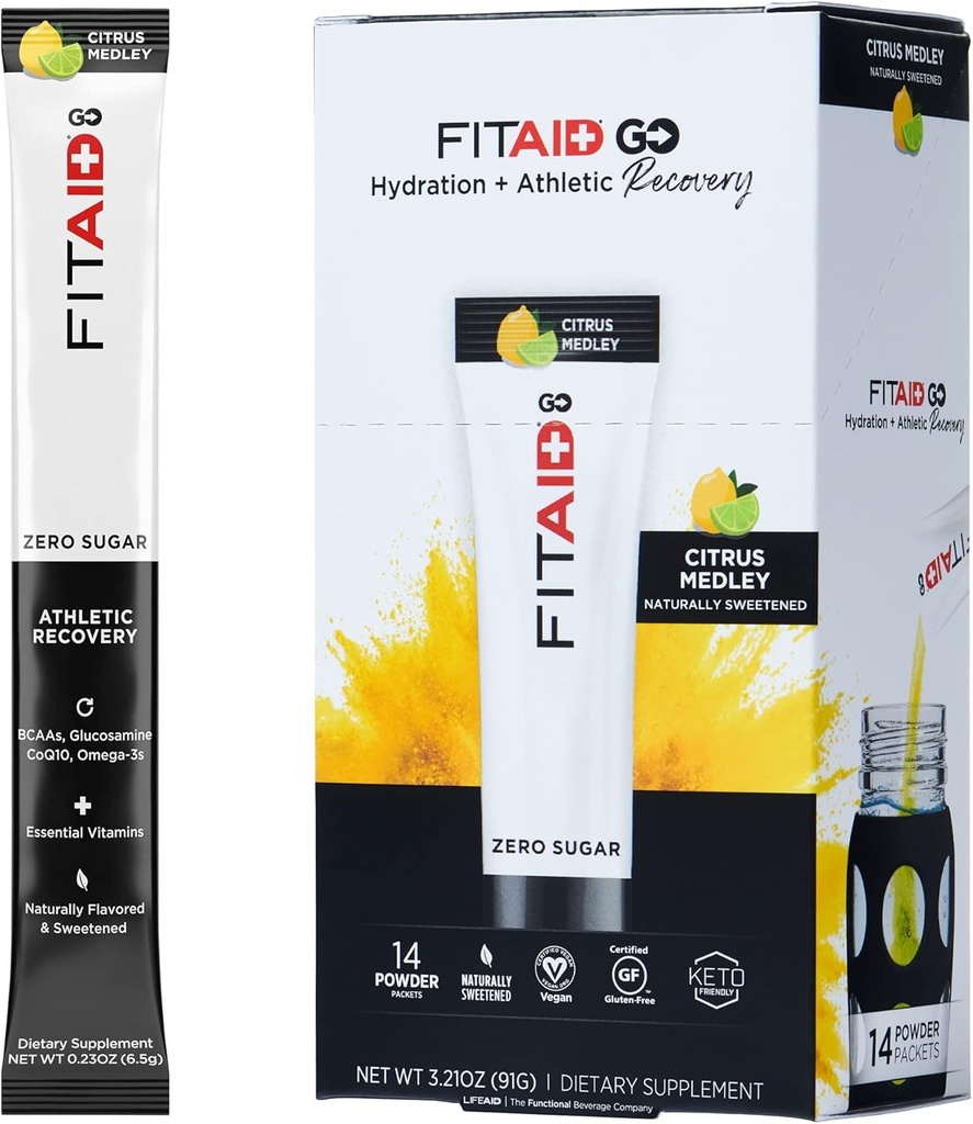 FITAID GO ZERO SUGAR Recovery Hydration Packet, W/ BCAAs, Glucosamine, Electrolytes, Omega-3s, 100% Clean, Keto-friendly, Vegan & Gluten-Free, 5 kalori, Doğal olarak Tatlılandı, 14 paket