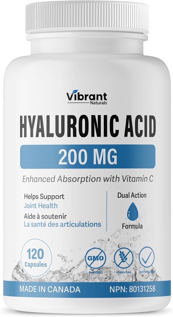 Hyaluronic Acid Supplement 200 mg - 120 Capsules, C 100 mg, Ortak & Skin Health, Non-GMO Fermentation, Gluten Free, Third Party Tested, Bio available Formula