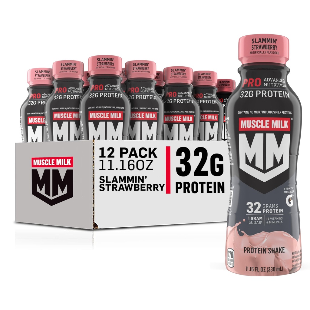Muscle Milk Pro Gelişmiş Beslenme Protein Shake, Slammin' Strawberry, 11.16 Fl Oz ( 12. paketi), 32g Protein, 1g Sugar, 16 Vitamins & Minerals, 5g Fiber