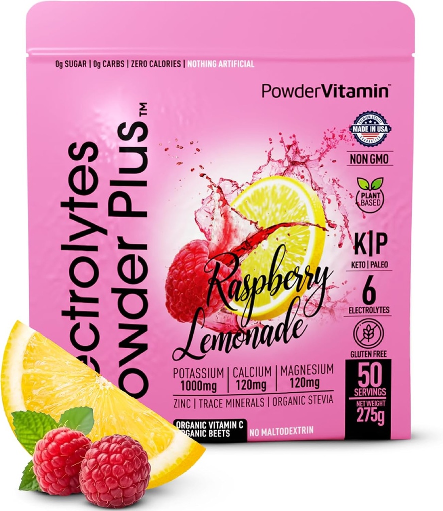 TozVitamin Electrolytes Toz Plus (50 Hizmet) Raspberry Lemonade Electrolyte Toz Zero Calorie DW, 0 Sugar, No Maltodextrin,1000 mg Pyum,120 mguba,120 mg Magnezyum, Hydration Toz