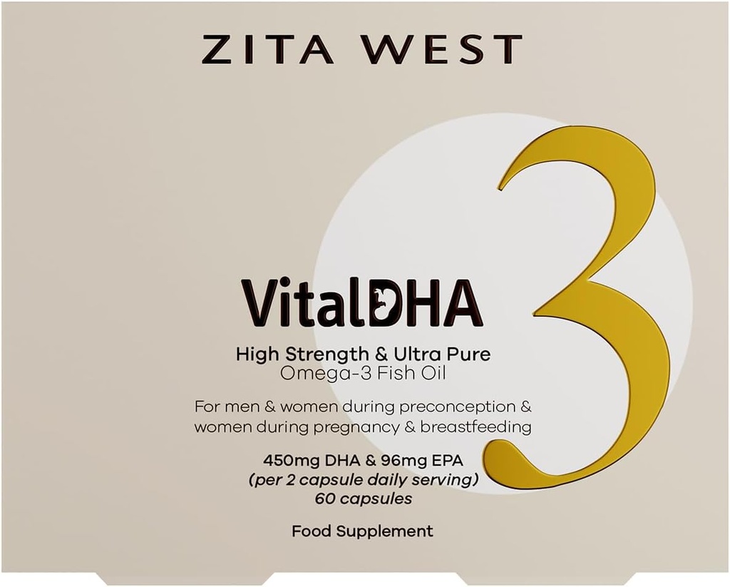 Zita West Vital DHA – Prenatal DHA ve EPA, Fertness, Hamile ve Emzirme için - Omega 3 Beyin Gelişimi için - 60 Capsules (1 Ay Supply)