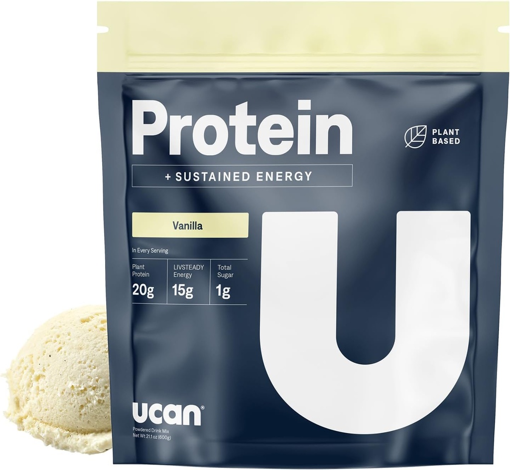 UCAN Energy + Plant Protein Toz - Vegan Plant Based Protein 20g Pea Protein with Amino Asits EAAs & BCCAs - Keto Protein Toz - Eklenmedi Şeker, Gluten-Free - Vanilla - 12 Servisler