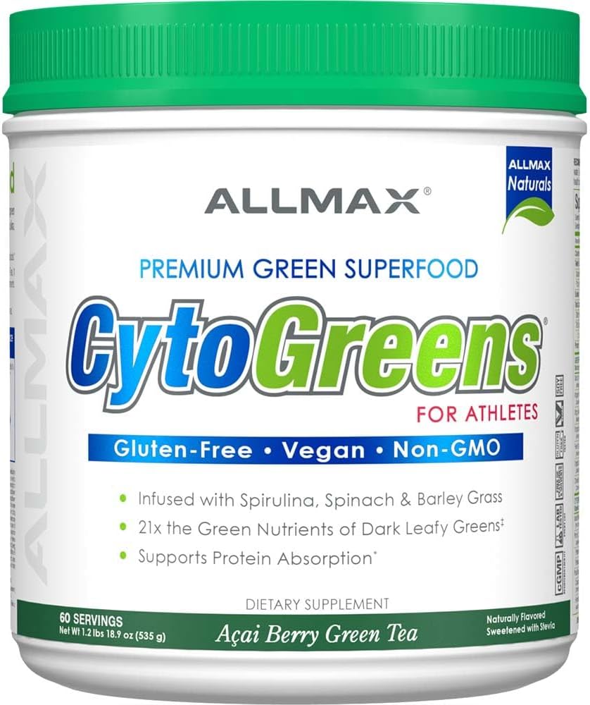 ALLMAX Beslenme - Cytogreens Super Greens Toz, Spirulina, Spinach & Barley Grass, Supports Immune & Digestive Health, Gluten Free & Vegan, 60 Hizmet (Acai Berry Yeşil Çay)