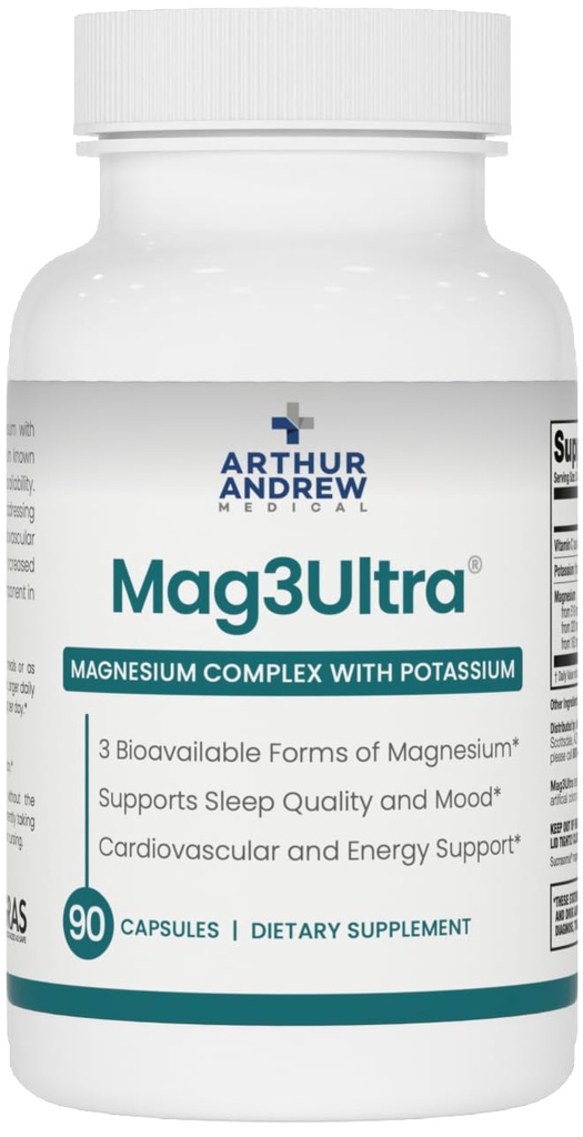 Arthur Andrew Medical, Mag3Ultra Triple Magnesium Supplement, Sucrosomial, Bisglycinate, Taurate for Muscle, Stress, Mood, Nerve, Bone & Heart Support, 90 Capsules