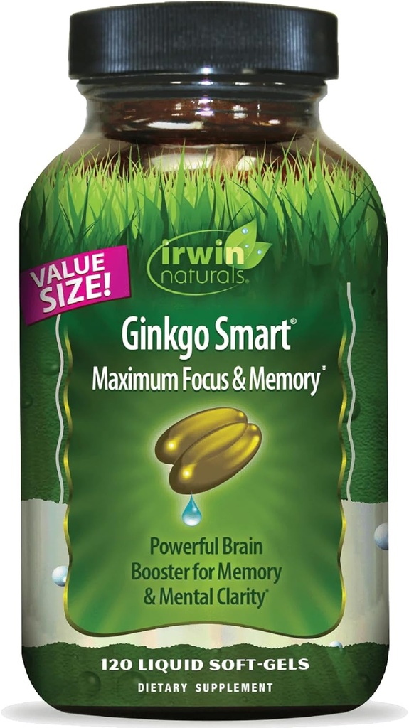 Irwin Naturals Ginkgo Smart Güçlü Nootropic Brain ATM - DMAE, Clubmoss, Choline & Acetyl L-Carnitine - 120 Liquid Softgels