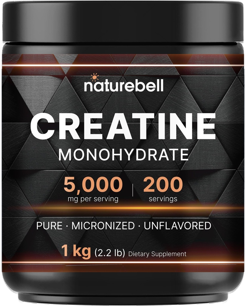 NatureBell Kretine Monohidrat Toz 1000g, 5.000mg Per | Mikronized, Pure & Unflavored | Pre-Workout Muscle Support | Hua, Vegan, Filler-Free | 200 Hizmet (2.2 lb)