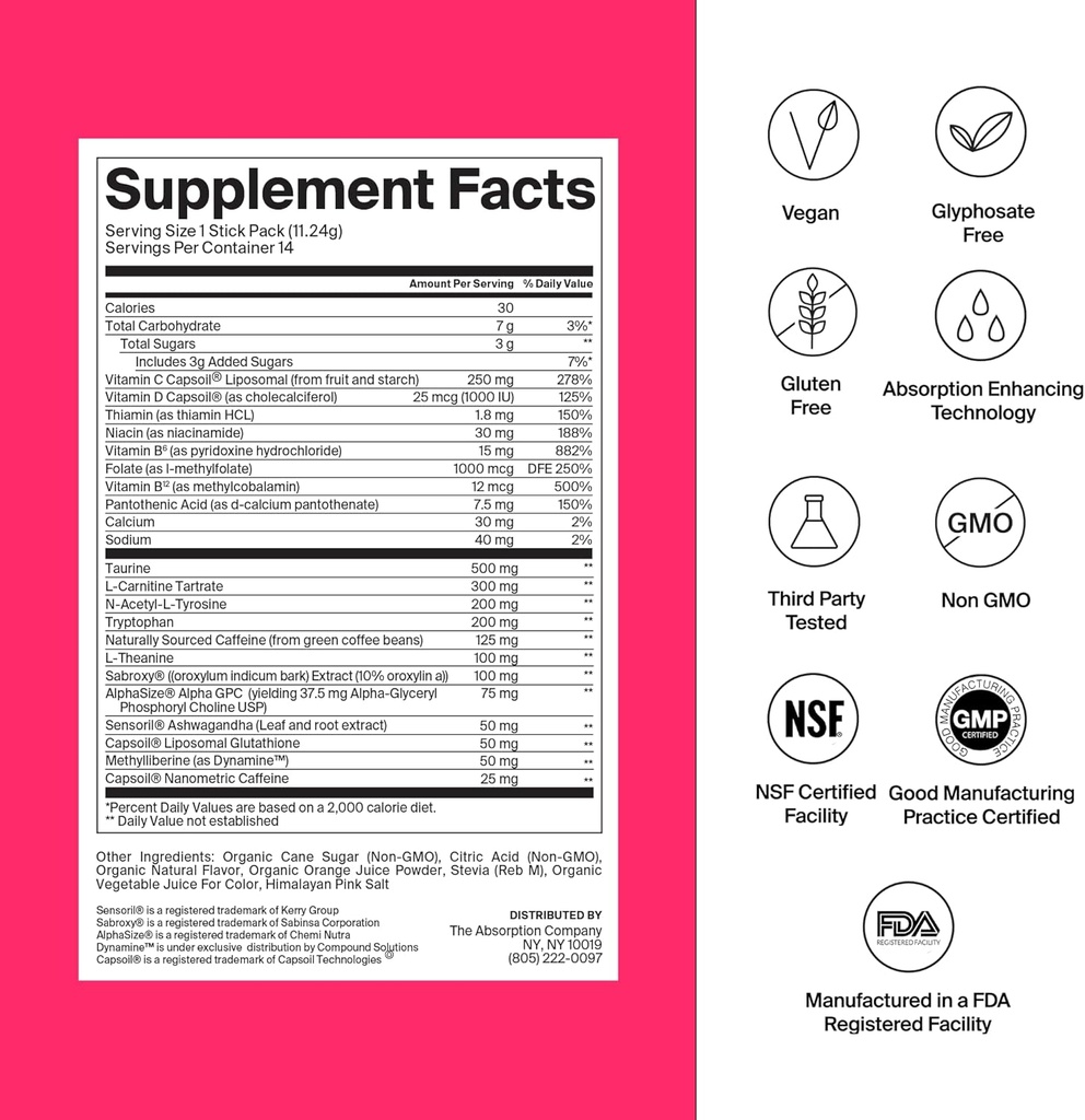 Η Απορρόφηση Εταιρεία Ενεργειακά Ποτό Συσκευασίες σκόνης – Καθαρή ενέργεια Booster για την υποστήριξη της εγρήγορσης με 150mg Φυσική καφεΐνη & βιταμίνη C – Fruit Punch Γεύση, 28 Sticks