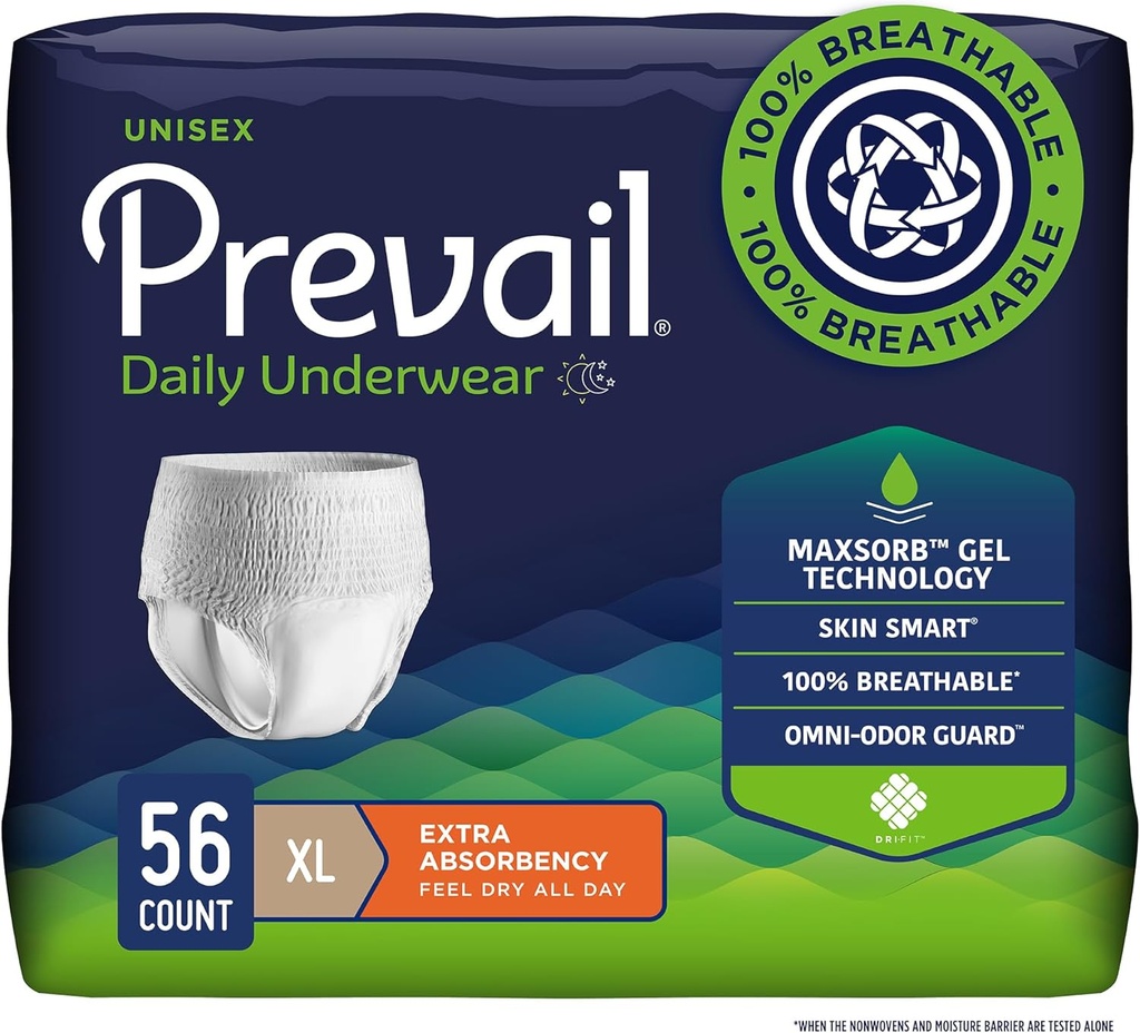 Prevail Daily guard Underwear - Unisex Yetişkin Incontinence Underwear - Erkekler ve Kadınlar için Uygun Yetişkin Diaper - Maksimum Absorbency - X-Large - 56 Kont (4 paket)
