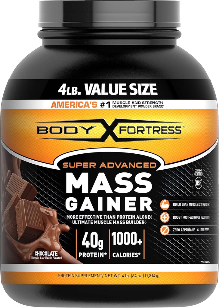 Body Fortress Super Advanced Gainer Μάζας, Σοκολάτα Πρωτεΐνη Plus Πλεονεκτήματα Θερμίδες για μυϊκή μάζα Gain Υποστήριξη 1-4lb. Βάζο