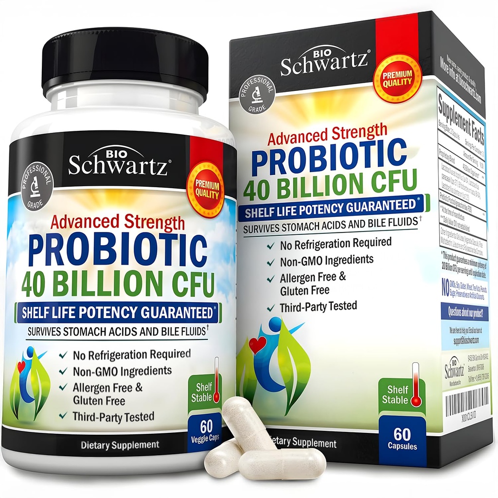BioSchwartz Daily Probiyotik Beslenme Supplement - Gut Health için 40 Milyar CFU - Erkekler ve Kadınlar için Probiyotikler - Astragalus & Lactobacillus - Raf Stable - 60 Count
