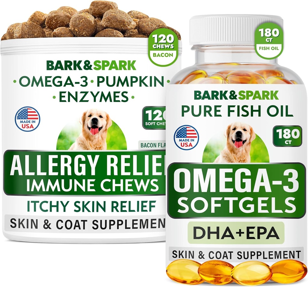 Anti-Itch Skin&Coat Supplement + Skin Alerji - Omega 3 Fish Oil + EPA & DHA Fatty Asits - Itching &Paw Licking + Ortak Sağlık - 120 Chews + 180 Softgels - ABD'de Yap