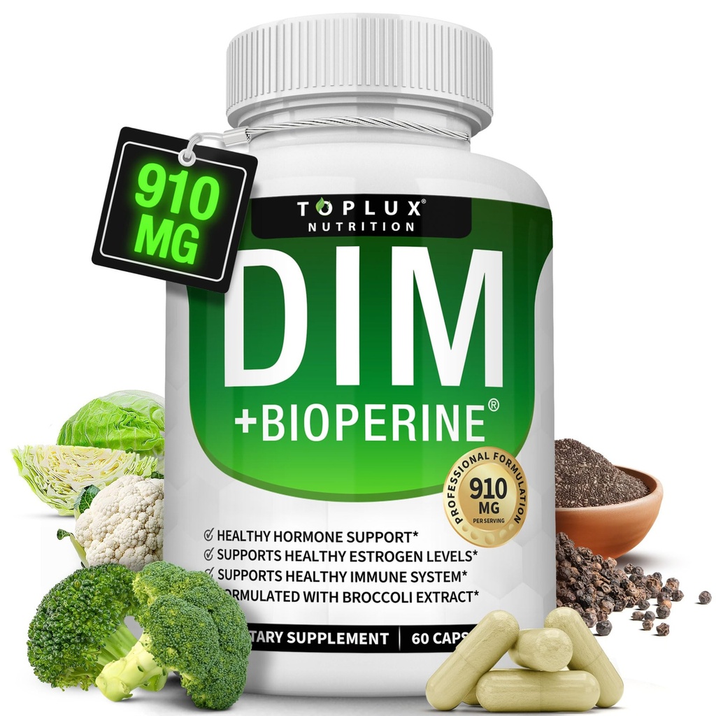 Dim Supplement 910 mg Plus BioPerine Kompleksi - Hormon Dengesini ve Estrogen Metabolism'i Desteklemek için Diindolylmethane, Menopause Acne Pluto Better Skin Body Building, for Men Women, 60 Capsules