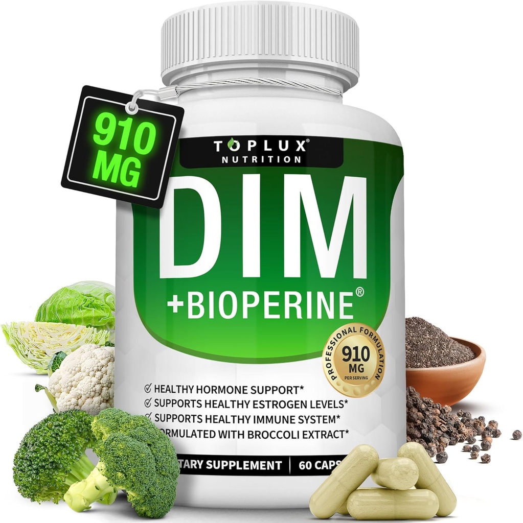 Dim Supplement 910 mg Plus BioPerine Kompleksi - Hormon Dengesini ve Estrogen Metabolism'i Desteklemek için Diindolylmethane, Menopause Acne Pluto Better Skin Body Building, for Men Women, 60 Capsules
