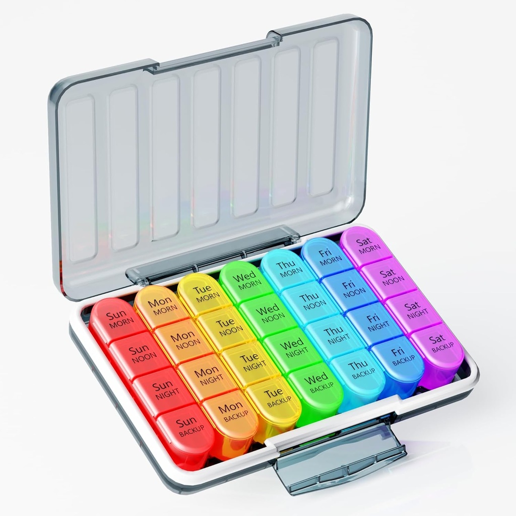 Zoksi Moisture-Proof Weekly Pill Organizer 4 Times a Day, 7 Day Pill Box 4X a Day, One Week Travel Pill Case with 28 Portable Compartments, Medicine Container for Vitamins, Supplements or Medication