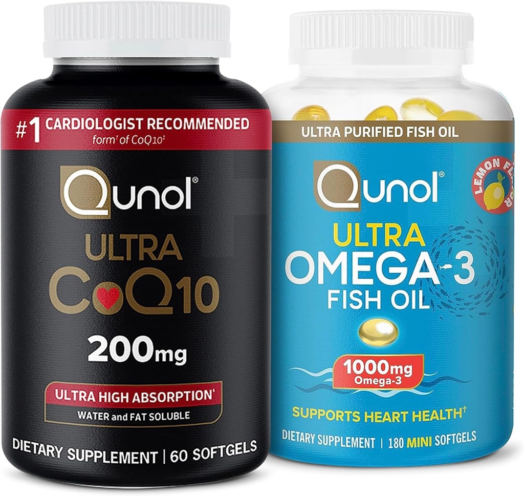 Qunol CoQ10 100 mg Softgels, 3X Daha İyi Aborpsiyon, 4 Ay Supply, 120 Kont + Fish Oil Omega 3 Mini Softgels, 1000 mg Omega 3 EPA + DHA, 3 Ay Supply, 180 Count