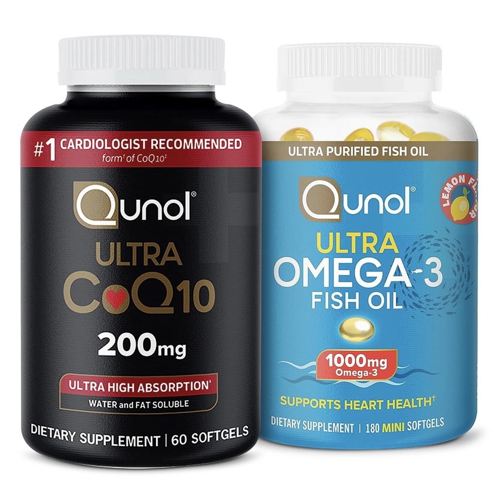 Qunol CoQ10 100mg Softgels, 3X Better Absorption, 4 Month Supply, 120 Count + Fish Oil Omega 3 Mini Softgels, 1000mg Omega 3 EPA + DHA, 3 Month Supply, 180 Count