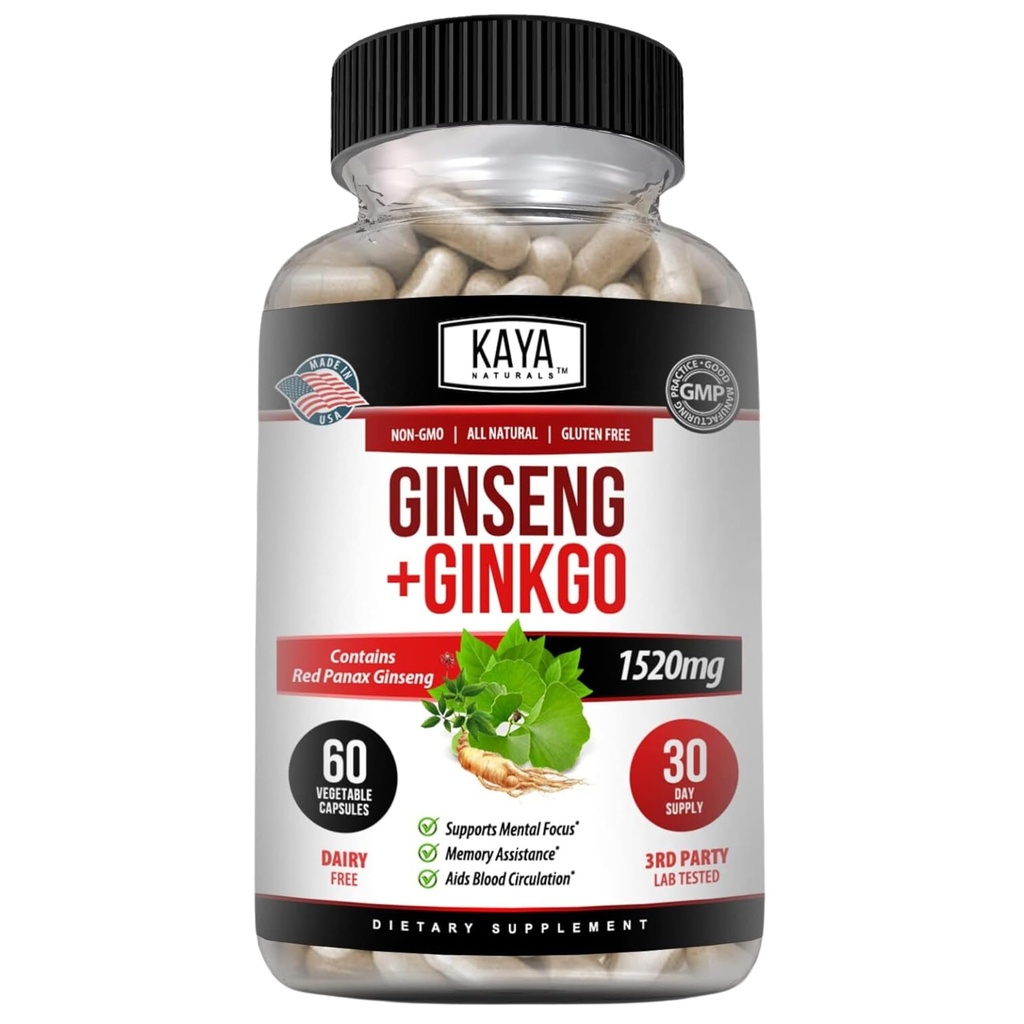 Kaya Naturals Red Panax Ginseng + Ginkgo Biloba - Nootropic Brain Supplement - Bilal ve Concentration Support - Brain Branson, Focus ve Memory Supplement - 60 Capsules