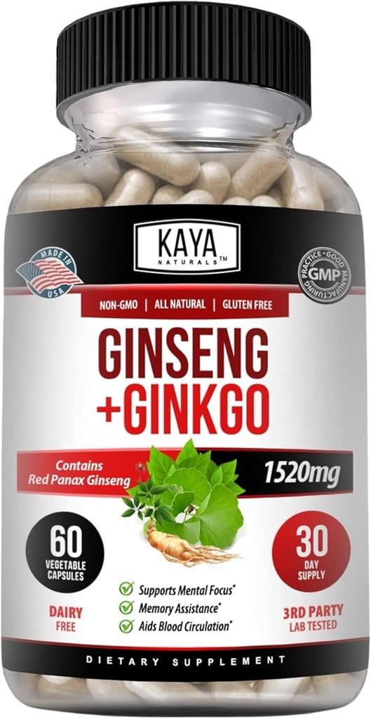 Kaya Naturals Red Panax Ginseng + Ginkgo Biloba - Nootropic Brain Supplement - Bilal ve Concentration Support - Brain Branson, Focus ve Memory Supplement - 60 Capsules