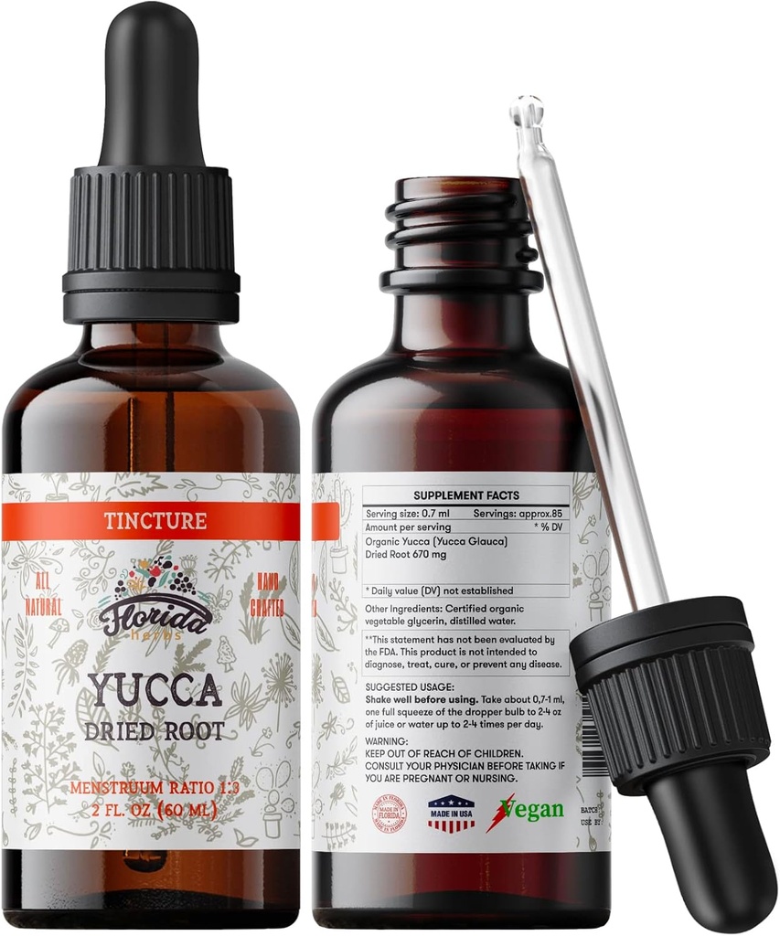 Yucca Tincture, Organik Yucca Extract (Yucca Glauca) Kuru Kök Herbal Supplement, Soğuk-Basın Organik Sebze Glycerin, 700 mg, 2 oz (60 ml)