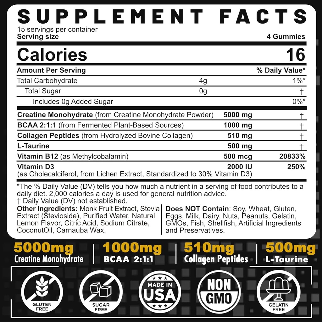 Erkeklerin & Women's Kretine Monohidrat Gummies Kompleks, 6-in-1 Chewable Pre-Workout Kretine with BCAA, Collagen,, L-Taurine, 15 Hizmet, Natural Lemon Flavor - 60 Kont (Polonya)