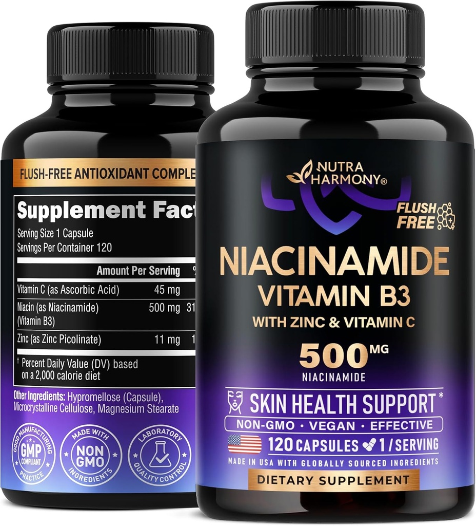 Niacinamid 500 mg - B3 Flush-free Form Niacinamid Supplement - Sağlıklı Clear Skin & Antioksi Desteği - çinko & Vitamin C - Lab Tested, Vegan & NON-GMO - ABD'de Yapıldı - 120 Capsules