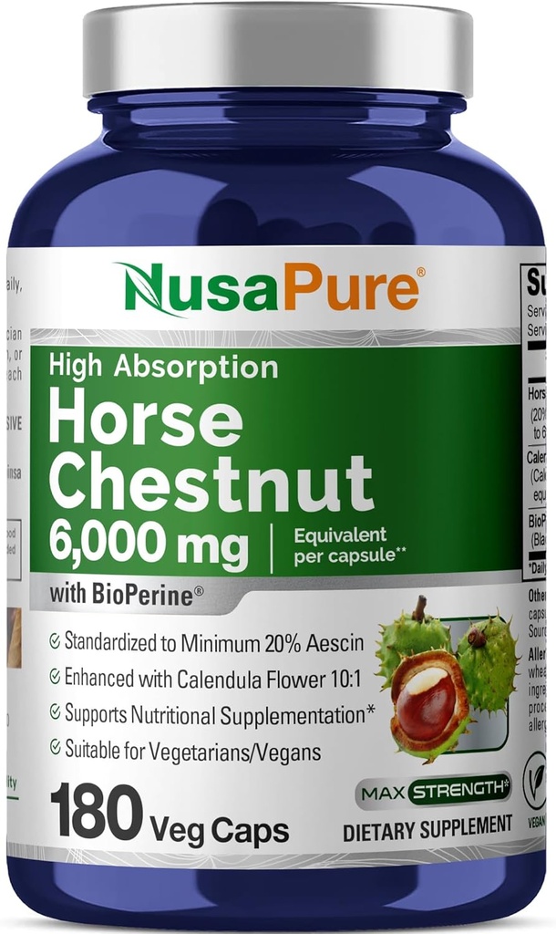 NusaPure Horse Chestnut 20:1 Ekstraksiyon, 300 mg 6.000 mg 180 Veggie Caps Non-GMO, Vegan, BioPerine, Calendula Flower
