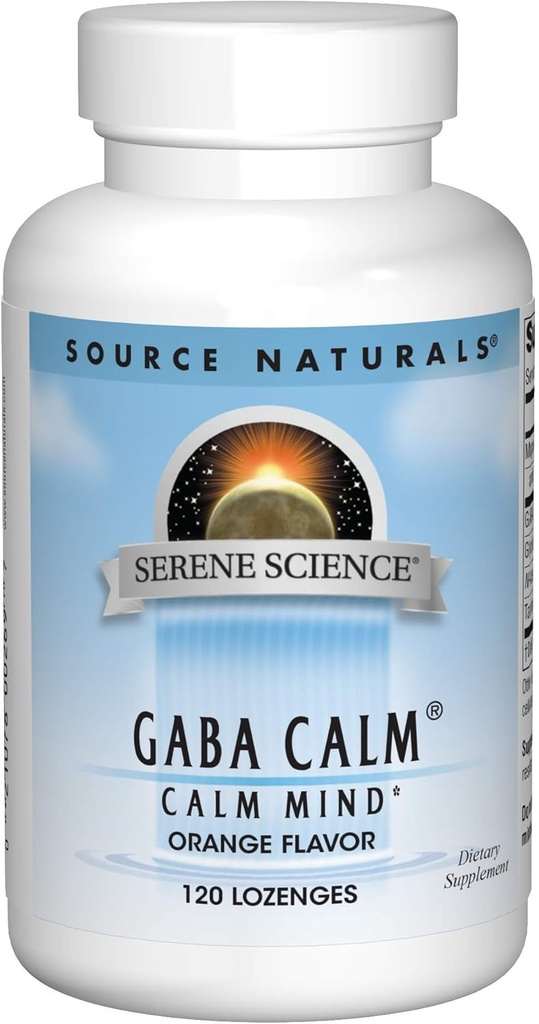 Source Naturals Serene Science GABA Calm 125 mg Orange Flavor Supplement Natural Support - Eklenen Magnezyum, Glycine, N-Acetyl L-Tyrosine, Taurine & More - 120 Lozenges