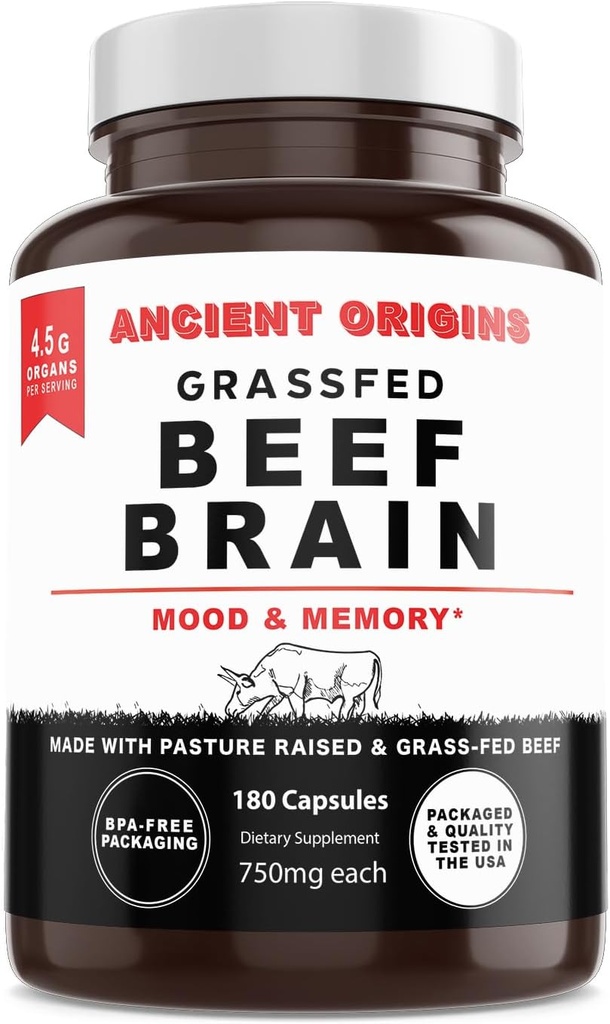 Eski Origins Grass Fed Beef Brain Supplement with Beef Liver, Whole Food Brain Support Beyin, Mood, and Memory Health, Brain and Liver Health Formula Capsules, Non-GMO, 180 Capsules