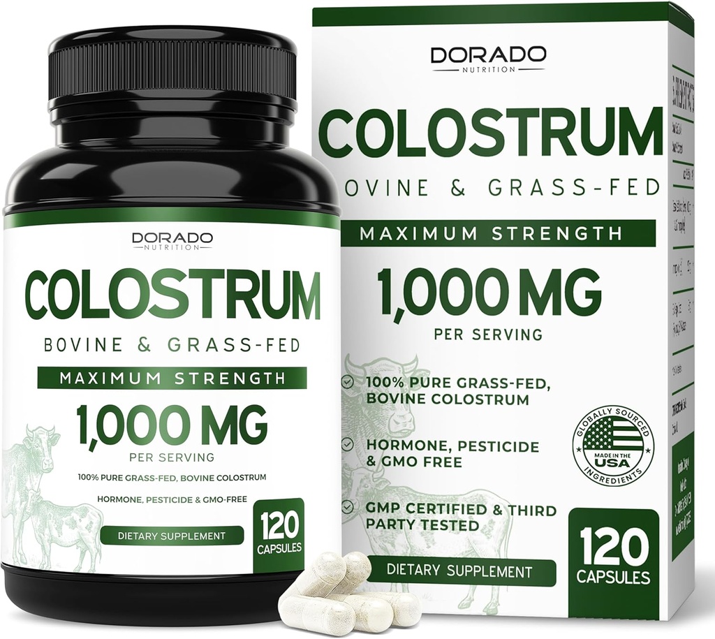 Colostrum Supplement (120 Kont) 1000 mg Oda başına (Bovine Colostrum Capsules from First Milking Only, Std. to Contain %20 IgG Immunoglobulins) - Grass Fed, No Fillers, Üçüncü Parti Test Edildi - ABD Made