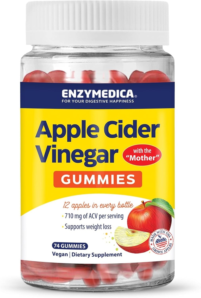 Enzymedica, Apple Cider Vinegar Gummies, Made with The Mother, 12 Organic, USA-Grown Apples per Bottle,[c][d] 1000 mcg Βιταμίνη B12 per Serving, Natural Apple, 74 Count
