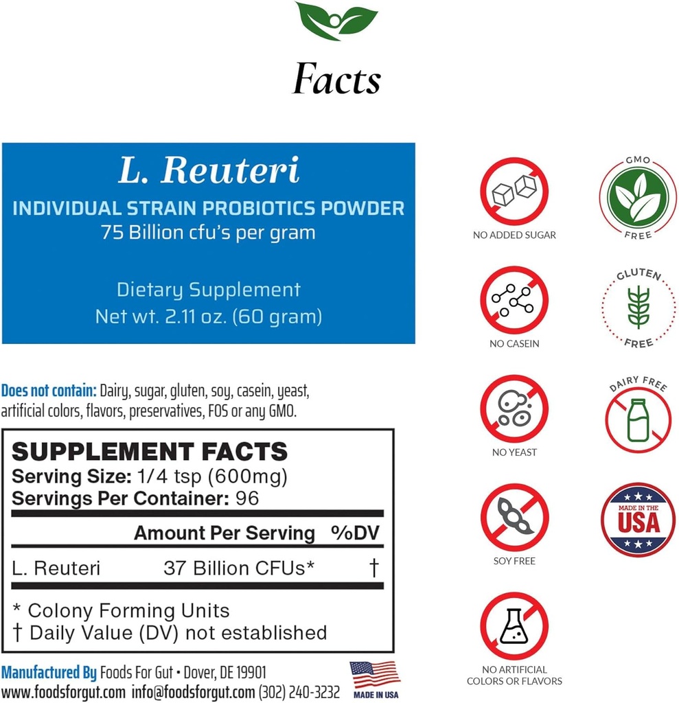 Lactobacillus Reuteri Probiyotik Toz 75 Milyar cfu'nun | ABD'de Yapılışı | Üreticiden Doğrudan | Üçüncü Taraflı Depolama | Digestive & Immune Support | L. Reuteri | 60 Grams (2.11 OZ)
