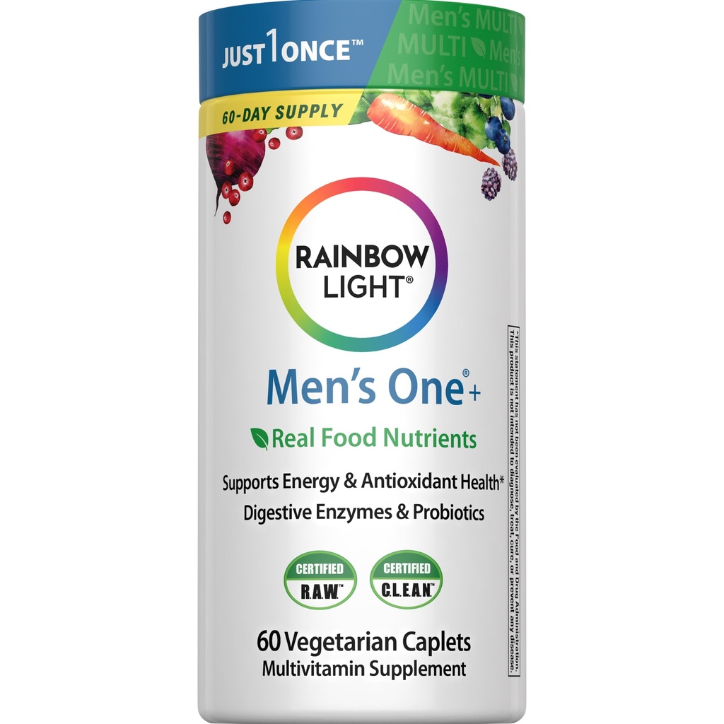 Rainbow Light Mens One Multivitamin, Men's Daily Multivitamin Yüksek Lisans Immune Support, C vitamini, Vitamin D ve çinko ile Vejetaryen, 60 Count Count