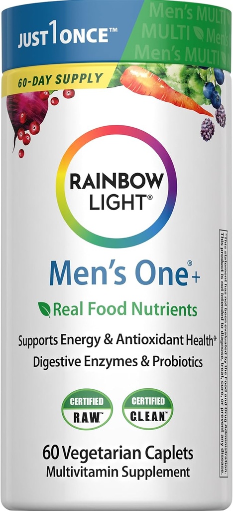 Rainbow Light Mens One Multivitamin, Men's Daily Multivitamin Yüksek Lisans Immune Support, C vitamini, Vitamin D ve çinko ile Vejetaryen, 60 Count Count