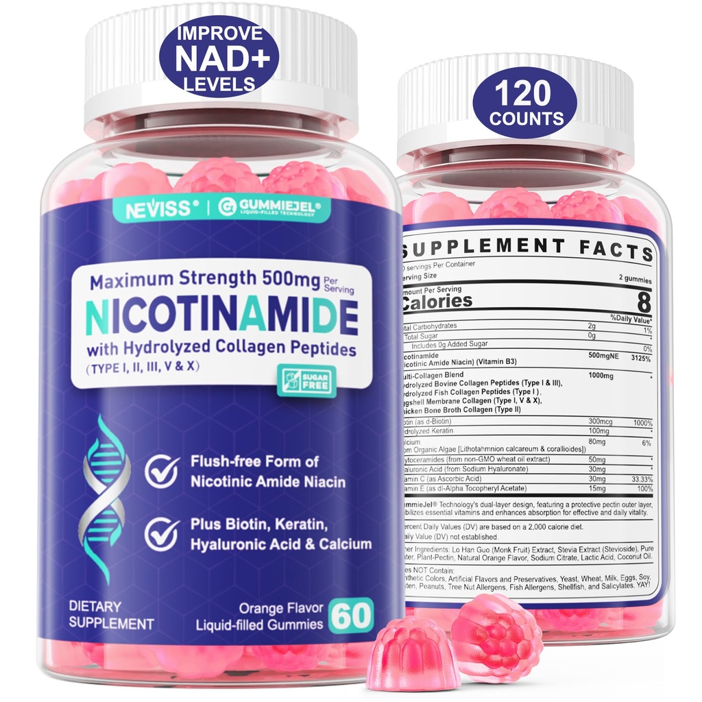 2 Συσκευασία - Νικοτιναμίδη 500mg Gummies, NAD+ συμπλήρωμα για γυναίκες και άνδρες w/ Collagen Peptides, (Flush Free Niacin) Βιταμίνη Β3 Νιακιναμίδη για την καταπολέμηση της γήρανσης, NAD+ Επίπεδα, μακροζωία, εστίαση & εγκέφαλος, ζάχαρη δωρεάν