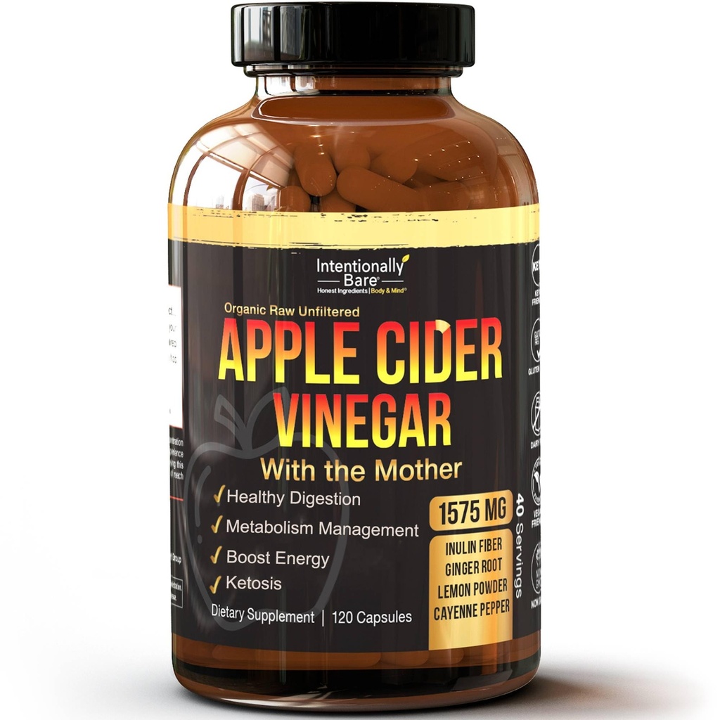 Amaçlı Bare Apple Cider Vinegar with Mother Capsules - ACV Capsules with Ginger, Lemon, Cayenne ve Inulin - Keto Friendly and Gluten Free for Energy, Immunity and Gut Health - 120 Capsules