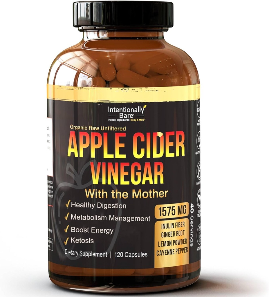Amaçlı Bare Apple Cider Vinegar with Mother Capsules - ACV Capsules with Ginger, Lemon, Cayenne ve Inulin - Keto Friendly and Gluten Free for Energy, Immunity and Gut Health - 120 Capsules
