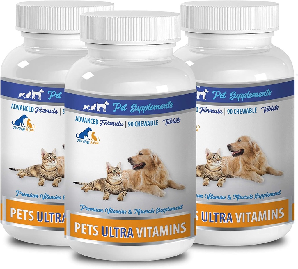 Συμπλήρωμα μυών σκύλου - Κατοικίδια ζώα Ultra Vitamins - για σκύλους και γάτες - Ανοσοποιητική Υγεία - Μαλλιά και παλτό Οφέλη - Δοχεία ασβεστίου σκύλου - 270 Θεραπείες (3 μπουκάλια)